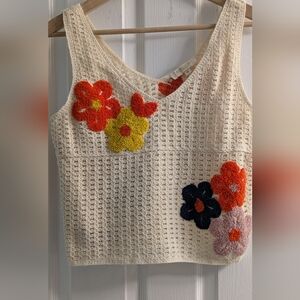 Cream Crochet Tank with Colorful Flower Appliqués